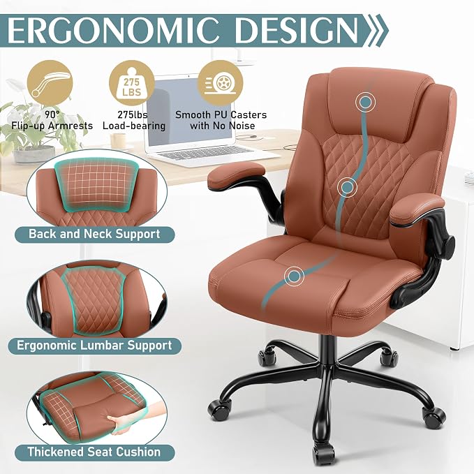Leather Office Chair with Ergonomic Back Support | Computer Chair with Adjustable Armrests and 360° Swivel Wheels for Home office and Short people - Image 3