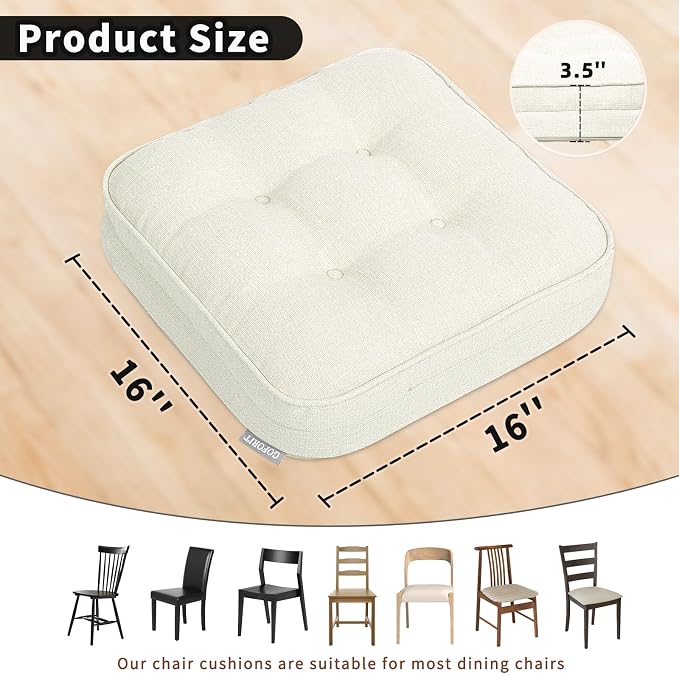 GOFORIT Memory Foam Cushion，Square Seat Cushions for Dining Chairs,Non-Slip Chair Pads with Removable Cover, 16'' x 16'',4 Pack, Off White - Image 3