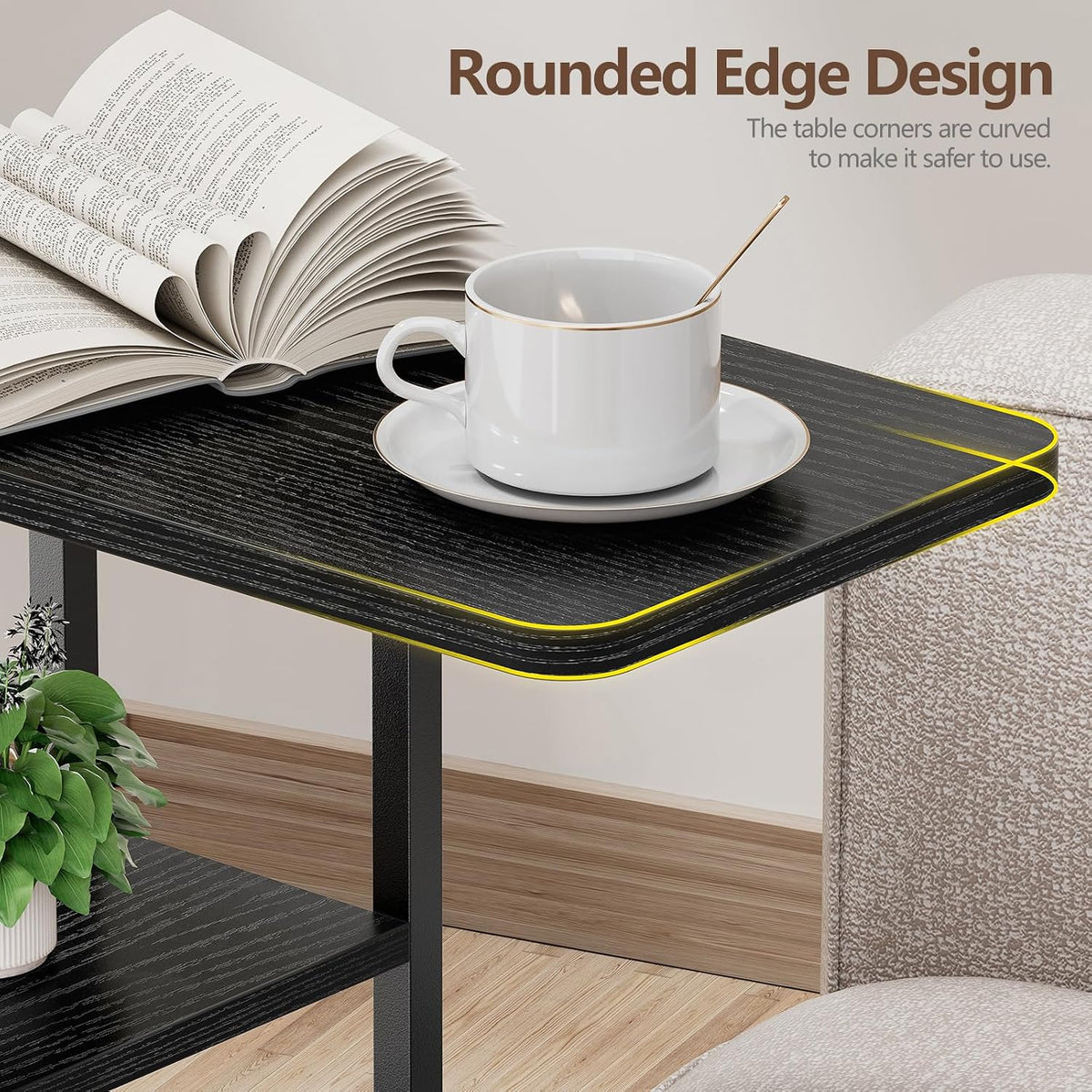 C Shaped End Table, Small Side Table for Couch, Recliner, Slide Under Sofa Tray Desk Snack Tables with Storage Bag for Living Room,Bedroom, Small Spaces - Black - Image 8