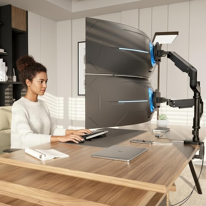 Mount-It! Proflex Series Stacking Dual Ultrawide Monitor Arm for 17–49” Screens, Height-Adjustable Pole, Heavy Duty Gas Spring, USB-C & USB 3.0, Full Motion, VESA 75/100, Clamp or Grommet | Height-adjustable pole with heavy-duty gas spring arms fits 17... - Image 2