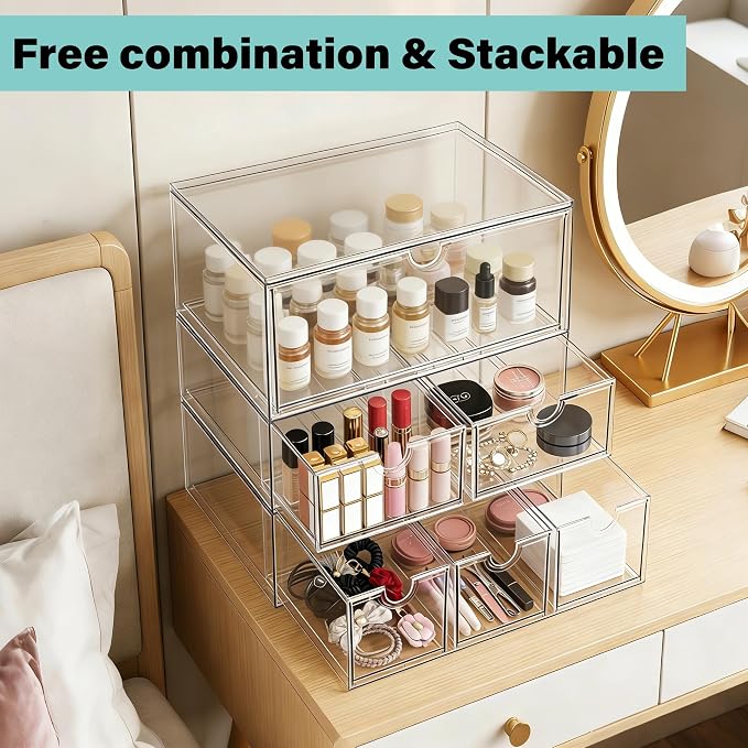 Prsildan Acrylic Makeup Organizer Stackable Storage Drawers with 3 Drawers for Office Desk Vanity Craft Room Clear Drawer Organizers for Hair Accessories Art Supplies Cosmetics Modular System - Image 5