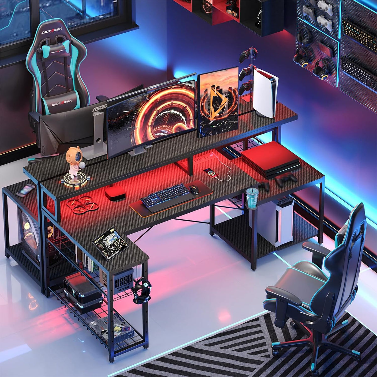 Bestier 71.5 Inch L‑Shaped Gaming Desk with LED & Power Outlets, Black - Image 3