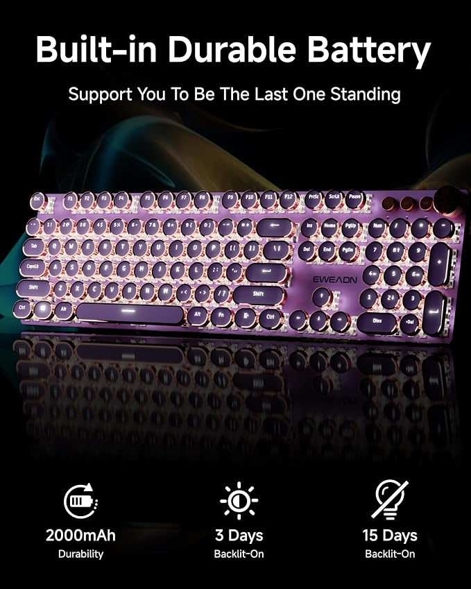 EWEADN V20 Typewriter Keyboard Wireless, 104 Keys Typewriter Style Mechanical with White Backlit, Media Knob, Pink Switch 2.4G/Bluetooth/USB-A Wired Retro Full Size Keyboard for Windows/Mac/PC-Purple - Image 5