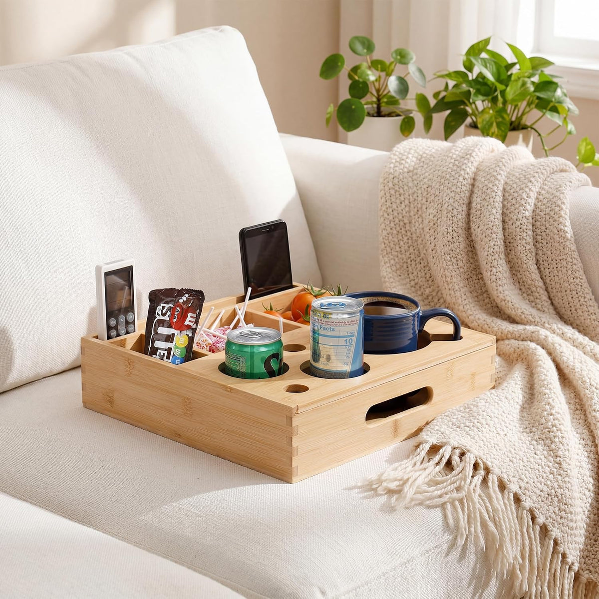 Couch Arm Caddy – Magnetic Removable Tray with 2 Can Holders & Mug Slot – Lifts Off to Reveal Deep Storage Bin – Sofa Armrest Organizer for Remotes, Phone & Snacks - Image 6