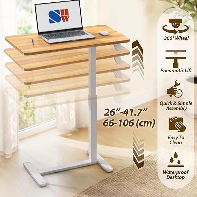 SHW Height Adjustable Mobile Laptop Desk w/Pneumatic Lift, Oak | Height Adjustable from 26" to 41.7" | Compact C-Shaped Side Table for Home Office and Bedside - Image 4