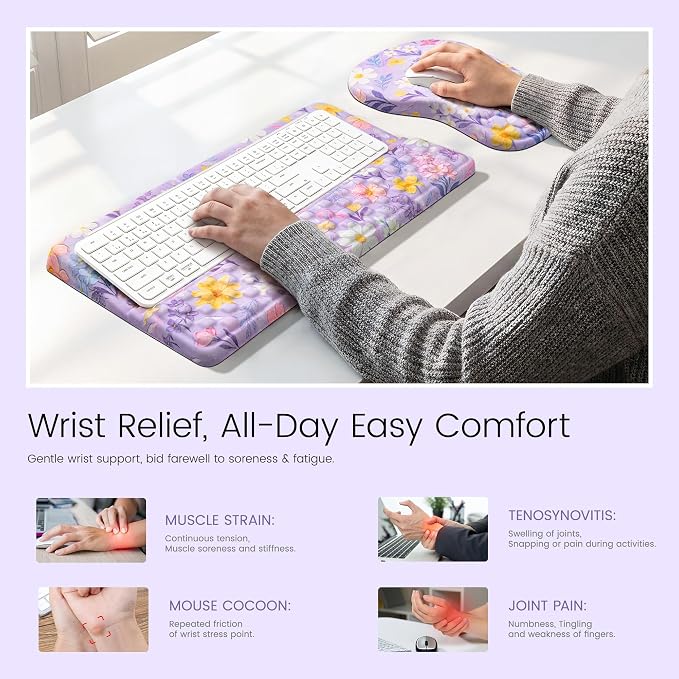 Ospelelf Keyboard Wrist Rest and Mouse Pad Set, Ergonomic Memory Foam Wrist Support, Aesthetic Desk Accessories for Office, Home & Gaming, Relief for Carpal Tunnel & Wrist Pain, Purple Floral - Image 2