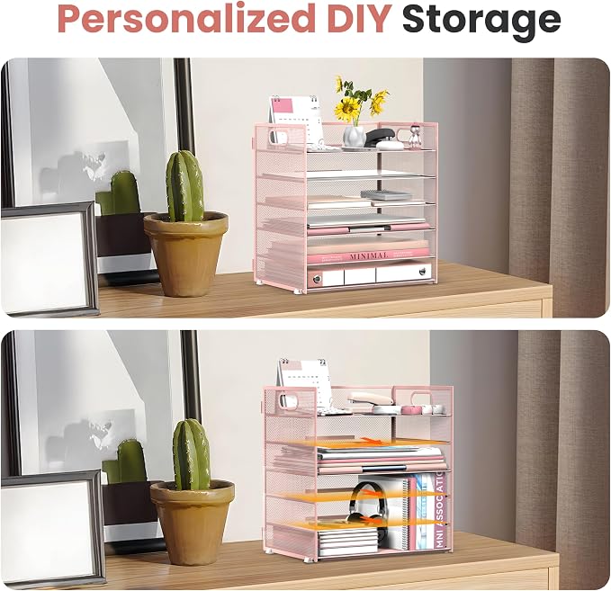 Daltack 6-Tier Paper Organizer for Desk with Handle, Pink | Sturdy Metal Mesh Organizer with Movable Middle Trays and a Carry Handle for Papers, Folders and Office Supplies - Image 2