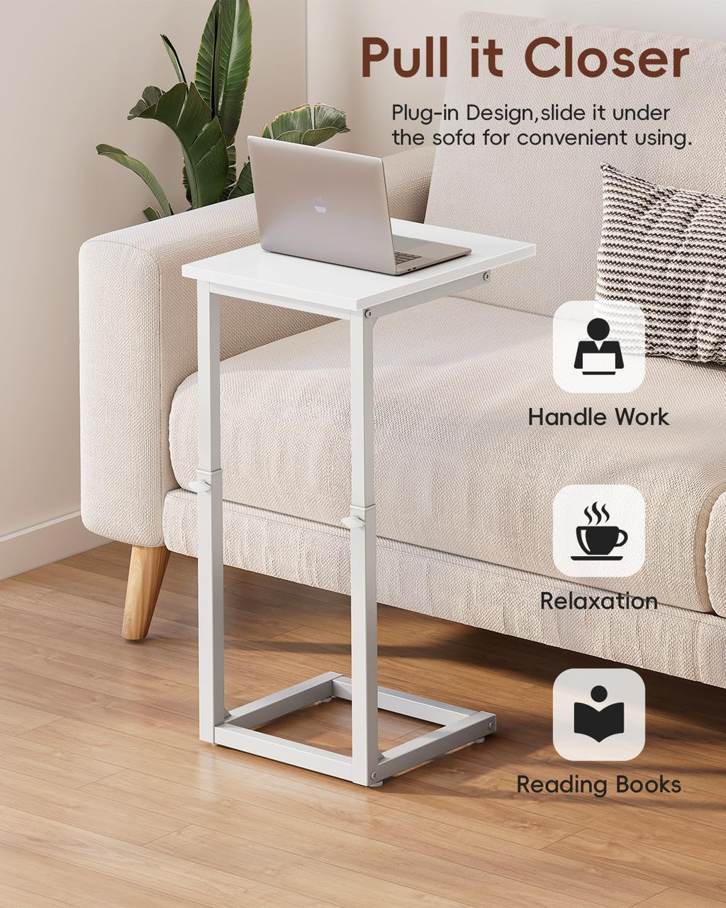 C Shaped End Table, 33"C Table End Table Adjustable Height, Small Side Table for Couch, Tv Tray Table for Small Spaces, Couch Table That Slide Under, Sofa Table for Living Room,Bedroom, White - Image 7