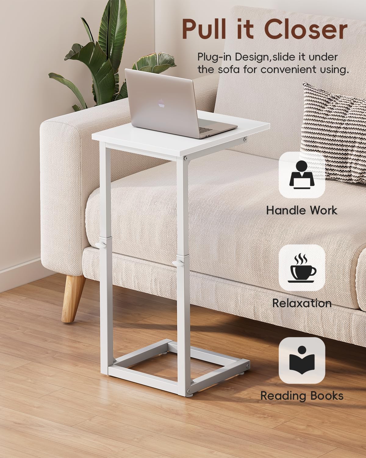 C Shaped End Table, 33"C Table End Table Adjustable Height, Small Side Table for Couch, Tv Tray Table for Small Spaces, Couch Table That Slide Under, Sofa Table for Living Room,Bedroom, White - Image 7