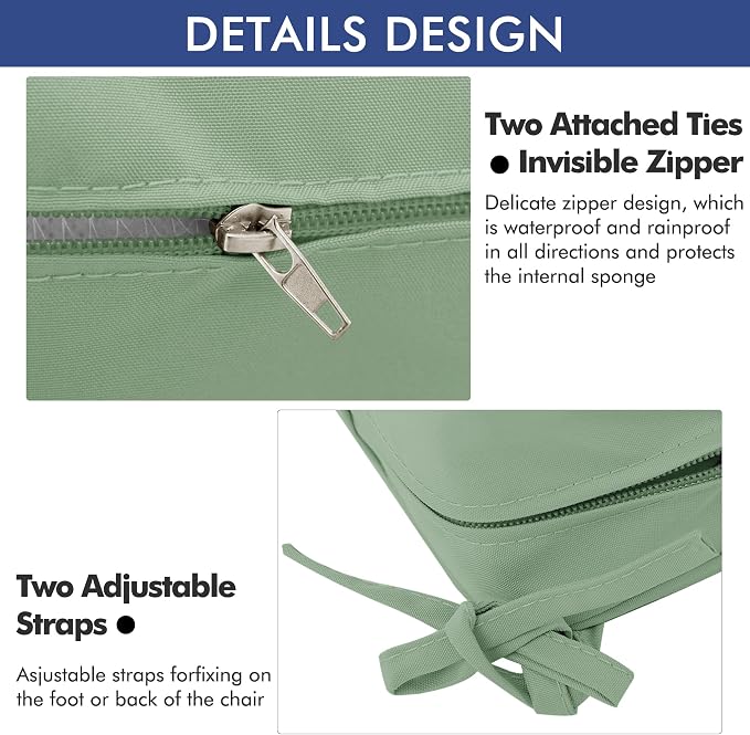 Outdoor Chair Cushions Set of 2, 19 x 19 x 3 Inch Seat Pads | Waterproof Patio Chair Cushions with Tie, Fade Resistant Cushions for Outdoor Furniture Garden Lawn, Sage Green - Image 8