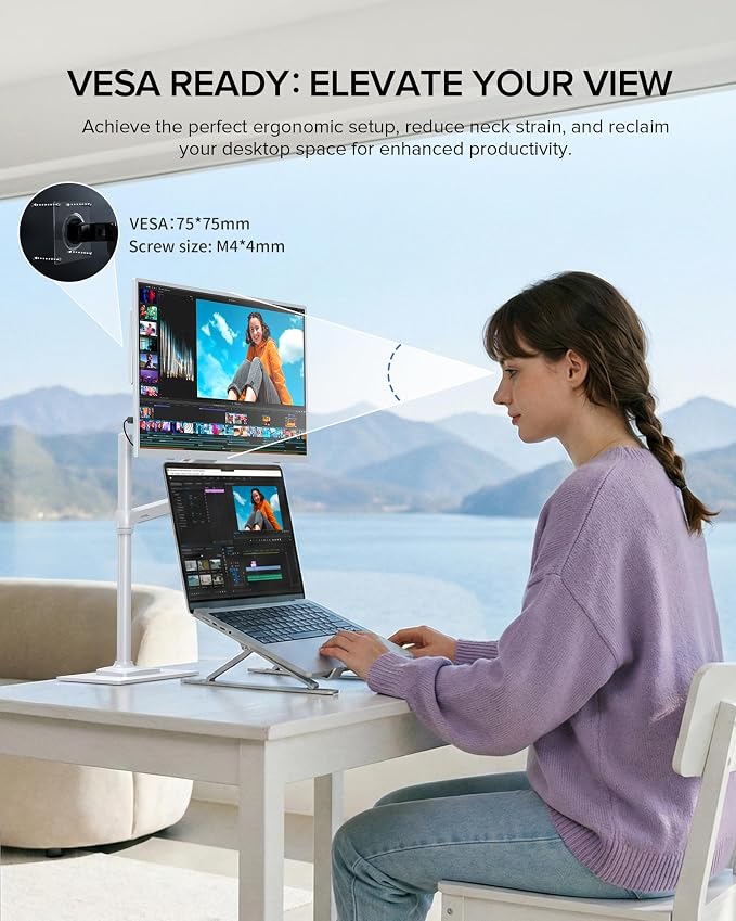 UPERFECT Portable Monitor 15.6", 125% sRGB 1080P Laptop Monitor (White) | Ultra-Slim Display, USB-C & MINI HDMI, 350 Nits, VESA & Case, Travel Small Second Screen for Computer, Mini PC, Game Consoles - Image 6