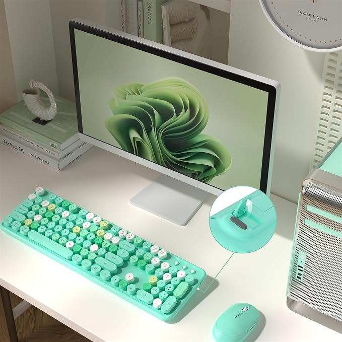 MPTOG Colorful Wireless Computer Keyboard and Mouse Combo (Green-Colorful) | Retro Round Typewriter Keycaps, Power Switch, Ergonomic Design, 2.4GHz Wireless for Windows, Mac, PC - Image 2