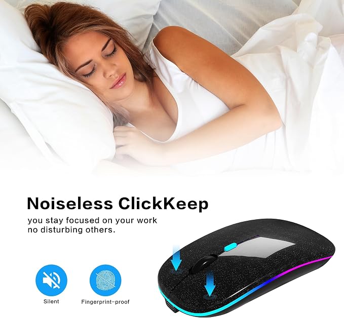 AIKOKOK Wireless Bluetooth Mouse, Rechargeable Dual Mode Mouse, Black Pearl | BT 5.2 & 2.4G USB Receiver, 3 Adjustable DPI,LED Lights,Slim,Silent,Portable Computer Mouse for Laptop,PC,MacBook,iPad,Tablet - Image 7