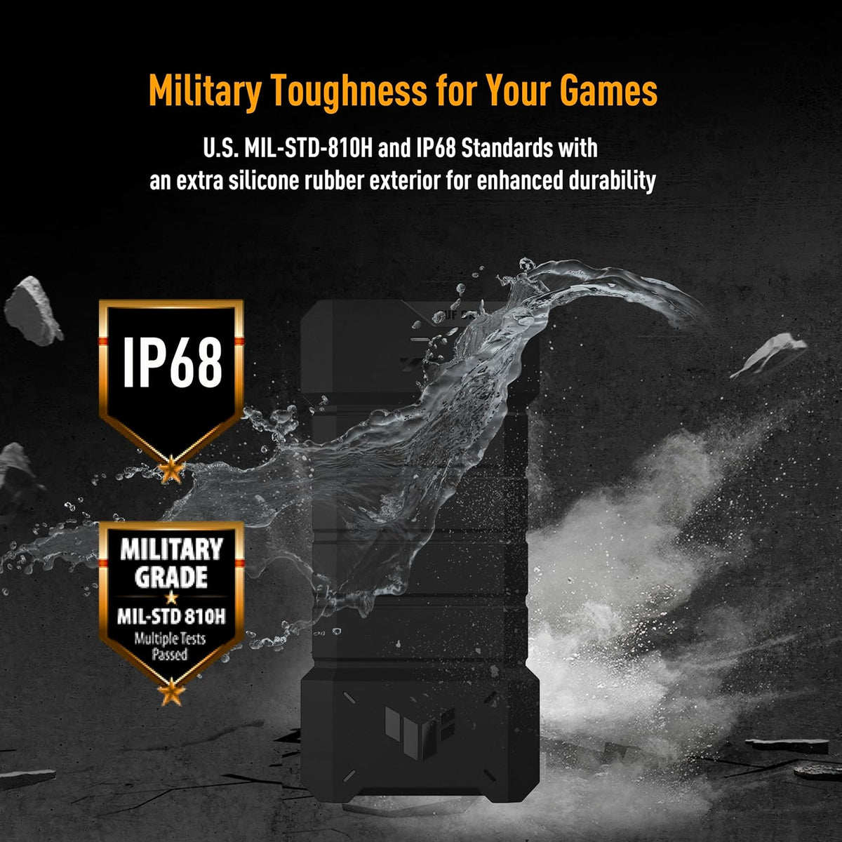 ASUS TUF Gaming A2, USB-C 3.2 Gen 2x2 SSD Enclosure, Dual M.2 NVMe PCIe and SATA, MIL-STD-810H Drop Resistance, IP68 Water and dust Resistance, Aluminum Alloy Chassis, 1 Year Warranty - Image 4