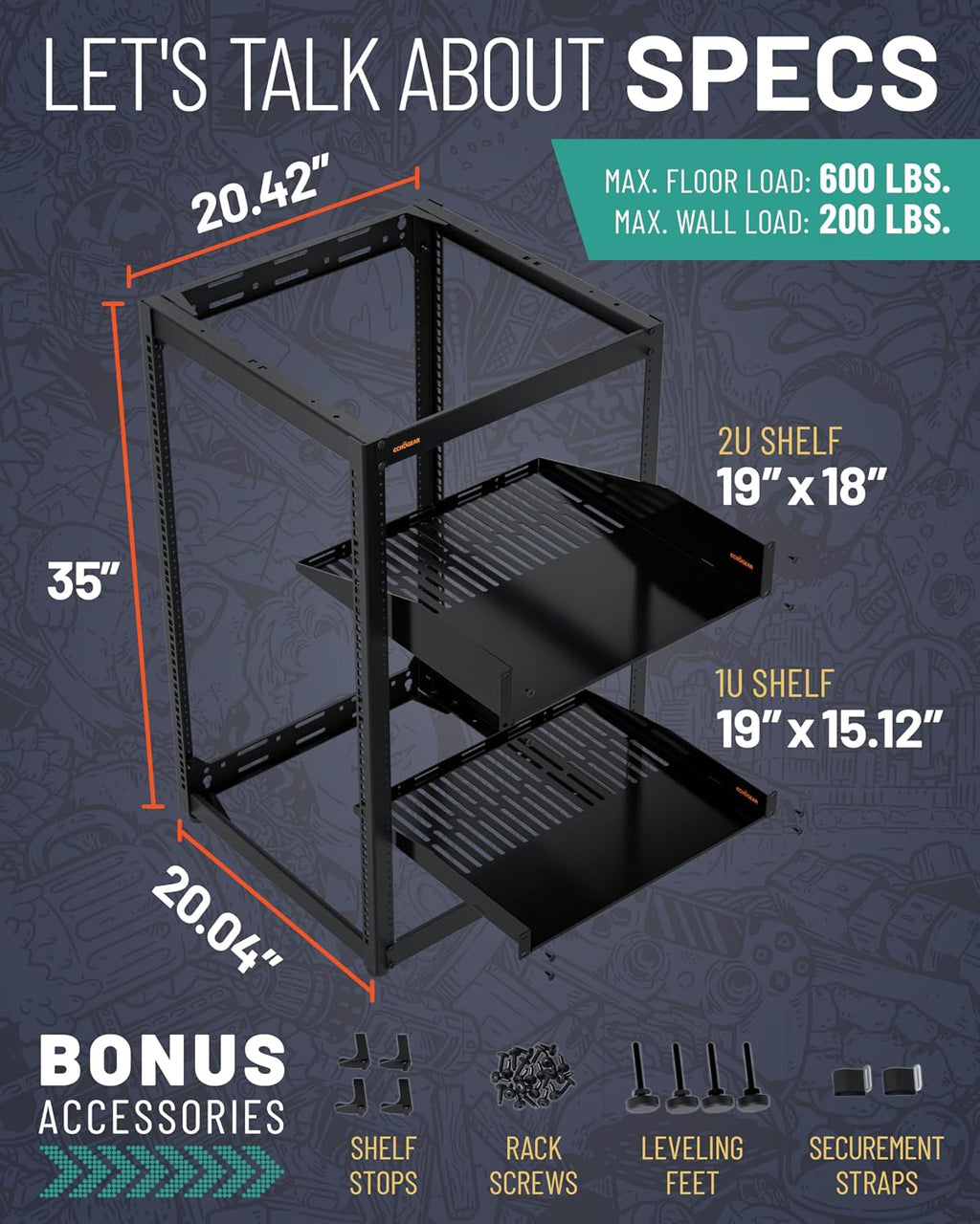 ECHOGEAR 20U Open Frame Rack w/Optimal Air Flow, DIY Assembly, 20.4” Depth - Image 9