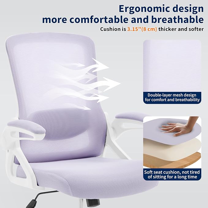 Ergonomic Office Chair Desk Chair with Adjustable Lumbar Support | Mesh Computer Chair Home Office Desk Chair with Flip-up Armrests Executive Task Chair Comfy Mesh Gaming Chair(Lavender) - Image 6