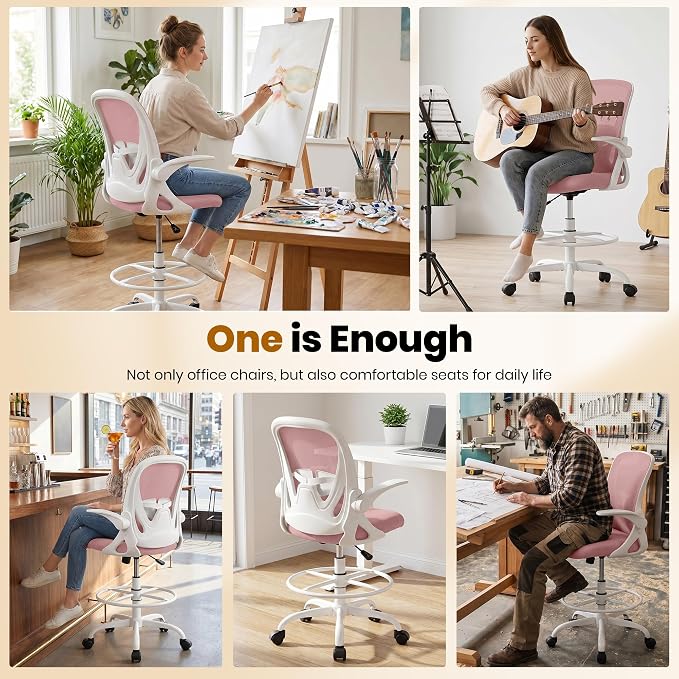 Drafting Chair Tall Office Chair with Flip-up Armrests Executive Ergonomic Computer Standing Desk Chair with Lumbar Support and Adjustable Footrest Ring (Rose Quartz) - Image 8