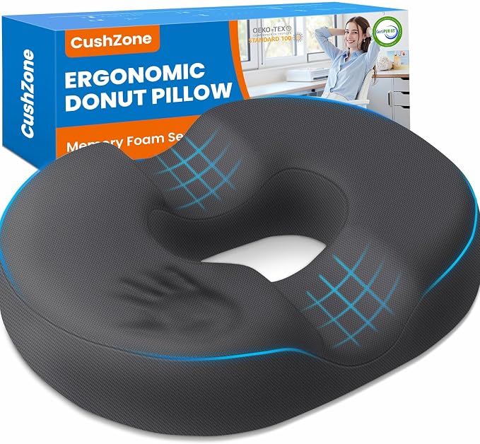 Donut Seat Cushion, Hemorrhoid Pillow, Office Chair Cushion, Gray, X-Large | Ergonomic Design, Breathable Cover, for Tailbone Pain, Hemorrhoids & Long Sitting Hours, for Home & Office, by CushZone