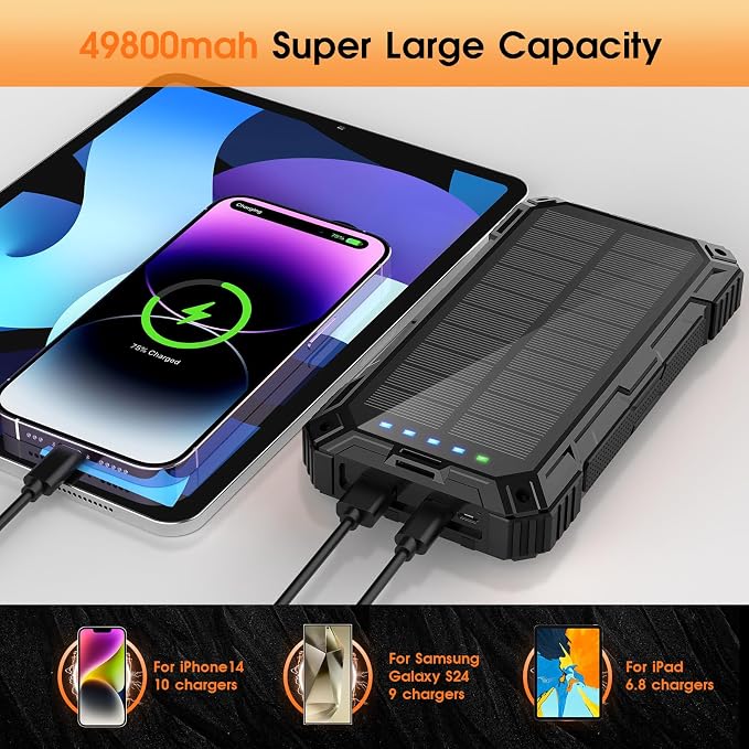 BLASOUL Solar Power Bank,49800mAh Wireless Portable Phone Charger with 4 Built-in Cables,22.5W Fast Charging USB-C in/Output External Battery Pack for iPhone,Android,Perfect for Hiking/Camping - Image 5