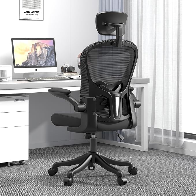 Mesh Office Chair with Adjustable Lumbar Support and Headrest, Ergonomic High Back Task Chair for Home Office, Flip-Up Arms 90-120° Tilt Lock Rolling Swivel Work Chairs(Black6065) - Image 5