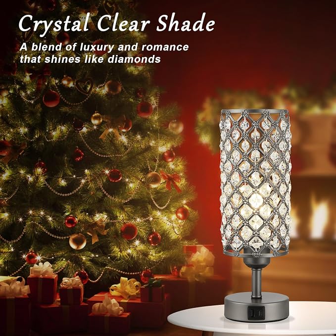 Crystal Table Lamp, 3 Way Dimmable Touch Lamps for Night Stands, Gray | Gray Crystal Bedside Lamp, Nightstand Lamp for Bedroom - Image 2