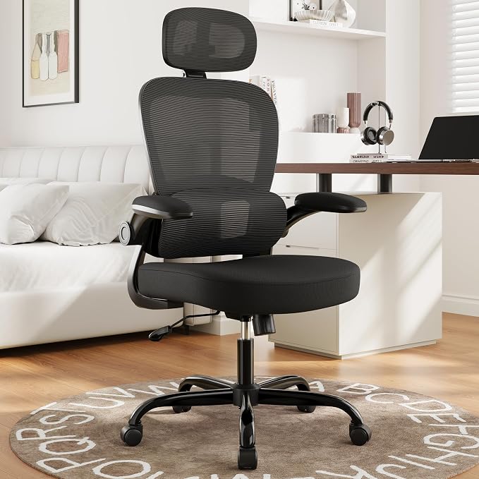 Ergonomic Office Chair 330 lb with Wheels, Lumbar Support & Headrest | Flip-Up Arms,Back Support,Gaming chairs,Breathable Mesh,2D Headrest by Synorla