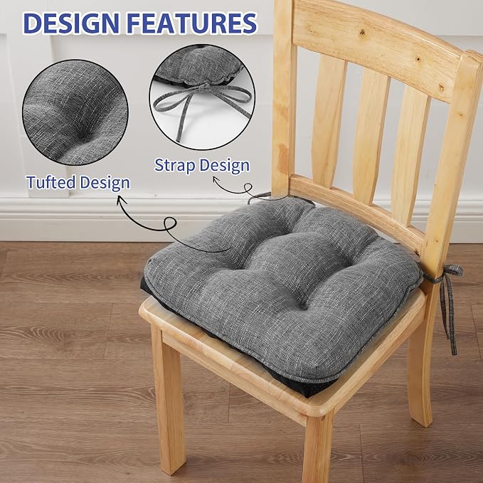 IPYNBAP Chair Cushions for Dining Chairs Set of 2, Kitchen Chair Cushions, Chair Pads with Ties and Non Slip Backing, Tufted Memory Foam Seat Cushion 2 Pack, 15.5" x 15.5" x 4", Dark Gray - Image 4
