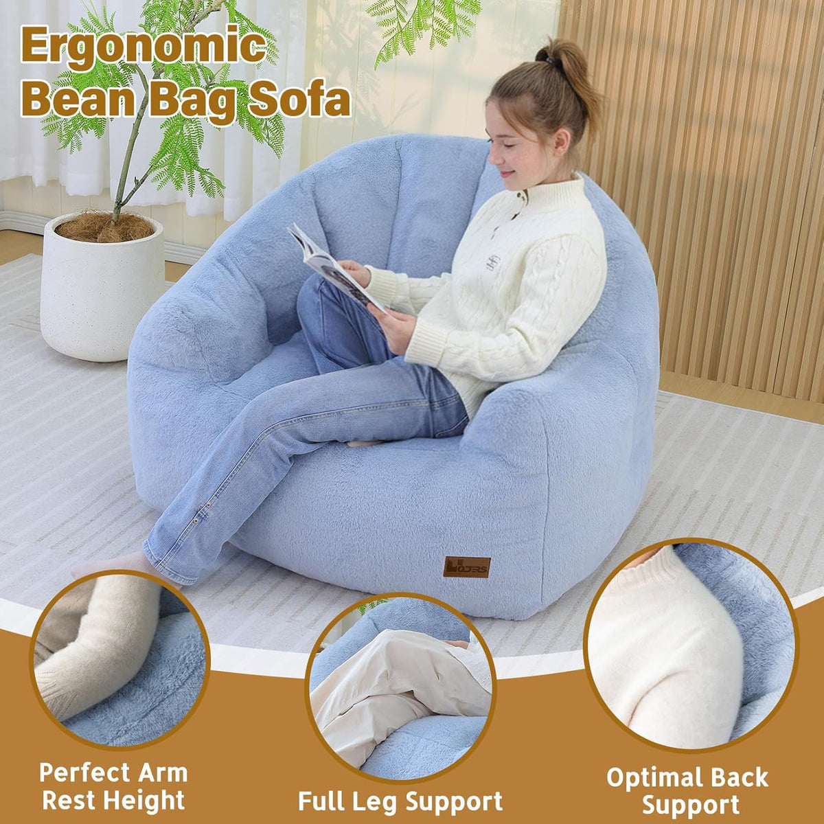 Giant Bean Bag Chair for Adults, Teens and Kids, Cozy Fluffy Corduroy Beanbag Chair with Filler, Large Floor Lounge Sofa for Living Room, Bedroom, Dorm, Gaming and Reading(L-Light Blue) - Image 3