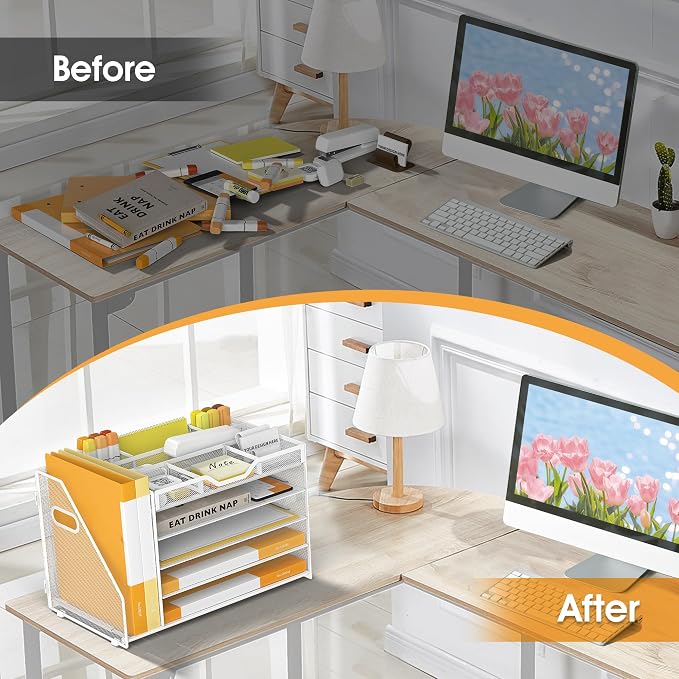5 Tier Paper Letter Tray Desk Organizer with Pen Holders - White | Features 3 pen holders and 4 removable dividers.Versatile mesh desktop storage for mail, document,office supplie - Image 5