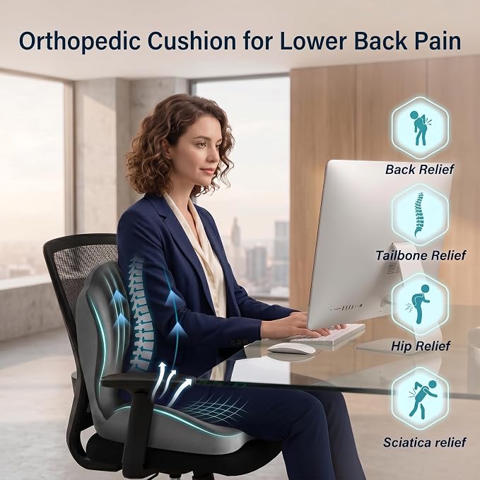 Ergonomic Seat Cushion with Lumbar Support (Grey) | Office Chair Seat Cushion, Memory Foam Orthopedic Cushion with Tailbone Hollow, Sciatica & Back Pain Relief for Long Sitting - Image 3