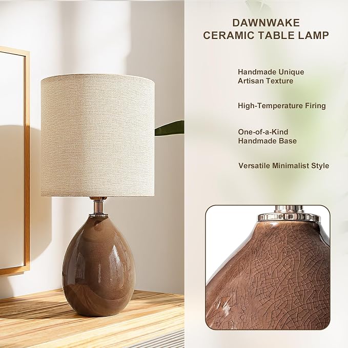 18.5" Ceramic Table Lamps Set of 2 for Living Room Bedroom, Coffee | Bedside Lamps for Bedroom Nightstand, Ice Crackle Home Bedroom Living Room Decor, Linen Fabric Shade, 3-Color Temperature - Image 2