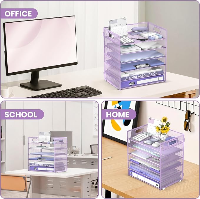 Daltack 6-Tier Paper Organizer for Desk with Handle, Purple | Sturdy Metal Mesh Organizer with Movable Middle Trays and a Carry Handle for Papers, Folders and Office Supplies - Image 6