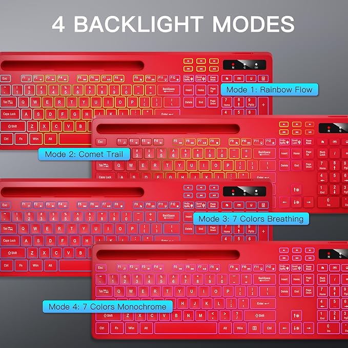 Soueto Wireless Keyboard with 7-Color RGB Backlit, Full-Size Computer Keyboard with Phone Tablet Holder, 2.4G Rechargeable Gaming Keyboard with Light Up Keys, Compatible with Mac, Windows (Red) - Image 3