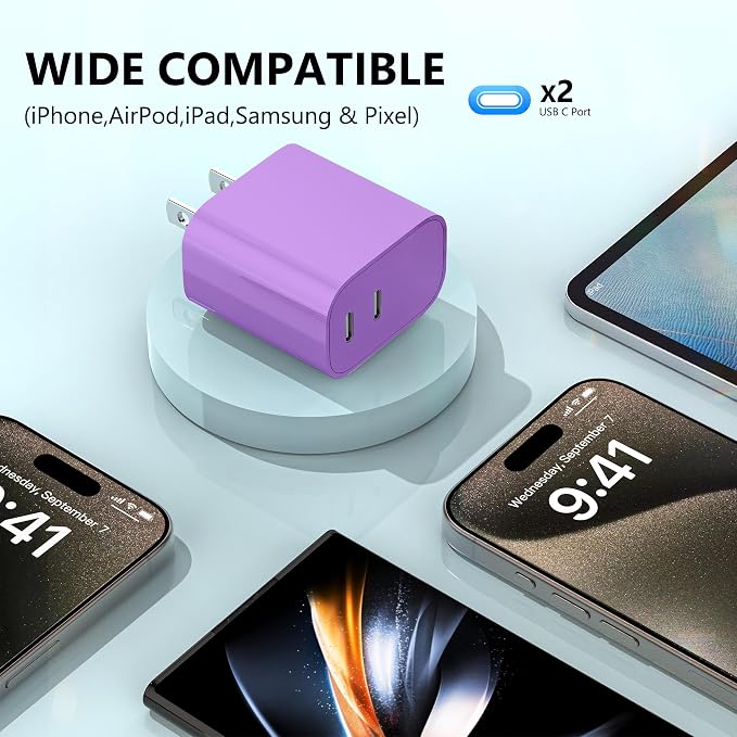 USB C Charger Block 3 Pack, Dual Port 20W Fast Wall Plug(Purple) | 20W PD fast charging USB C block for iPhone 17 16 15 14 13 12 11, iPad Pro, iPad Air, AirPods and Apple Watch. - Image 4