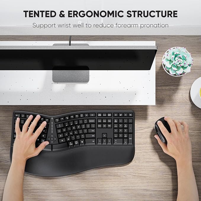 MEETION Ergonomic Keyboard and Mouse Combo, Split Design, Vertical Mouse | Rechargeable full-size keyboard with cushioned wrist rest, 2.4GHz USB receiver, natural typing, for Windows, Mac, PC, laptop - Image 6