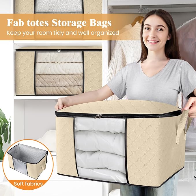 Fab totes 3 Pack Storage Bags for Clothes Blanket Storage Bins with Lids | Foldable Closet Organizers with Zippers,Window and Handles,Fabric Storage Bins for Sweater,Comforter,Bedding,Dorm essentials - Image 5