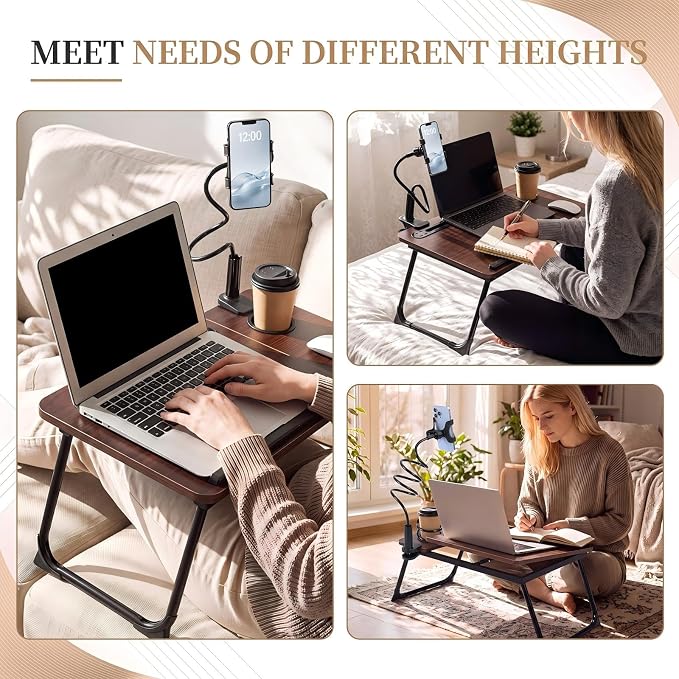 Nuanchu Walnut Wood Color 2 Pcs 23.6 in Laptop Desk for Bed with Adjustable Stand, Lap Desks for Adults, Bed Tray with Drawer & Phone Holder, Dorm Room, College Dorm (5 Gears) - Image 6