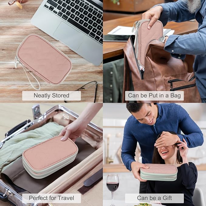 FYY Electronic Organizer, Travel Tech Pouch, Cable Organizer Pink Quilted | Wrist Strap, Waterproof, Double Layers Portable Electronics Travel Carrying Case for Cord, Charger, Daily Business Trips Use - Image 7