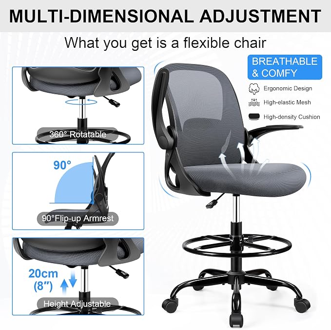 Drafting Chair Tall Office Chair with Flip-up Armrests, Adjustable Height, Enhanced Lumbar Support Ergonomic Rolling Stool, Back Support, Adjustable Foot Rest Ring for Standing Desk Dark Gray - Image 5