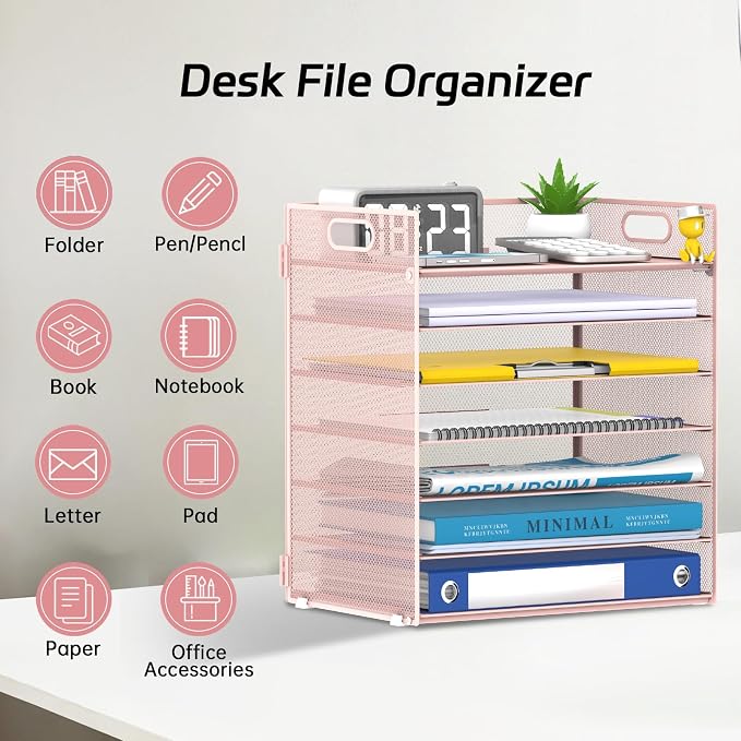 7 Tier Paper Organizer for Desk with Letter Trays & Handle | Black Desk File Organizer with Handle for Sorting Papers, Files, Folders, Mail, Bills and Office Supplies - Image 3