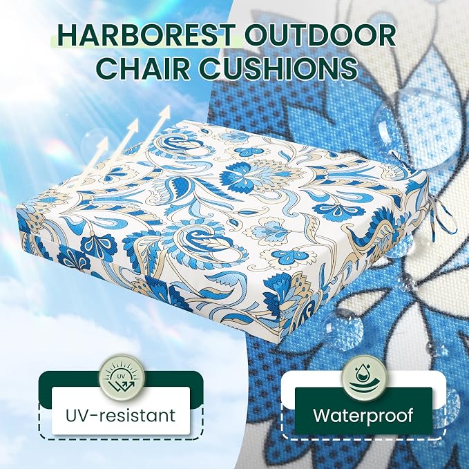 HARBOREST Outdoor Chair Cushions Set of 4, Water Resistant Patio Chair Cushions with Ties, Square Corner Outdoor Seat Cushions for Patio Furniture, 18.5"x16"x3", Blue Butterfly - Image 2