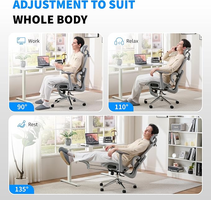 Mesh Ergonomic Office Chair with Footrest, Grey | High Back, Lumbar Support, Adjustable Headrest and Armrests, Gaming Chair,Home Office Desk Chair - Image 5