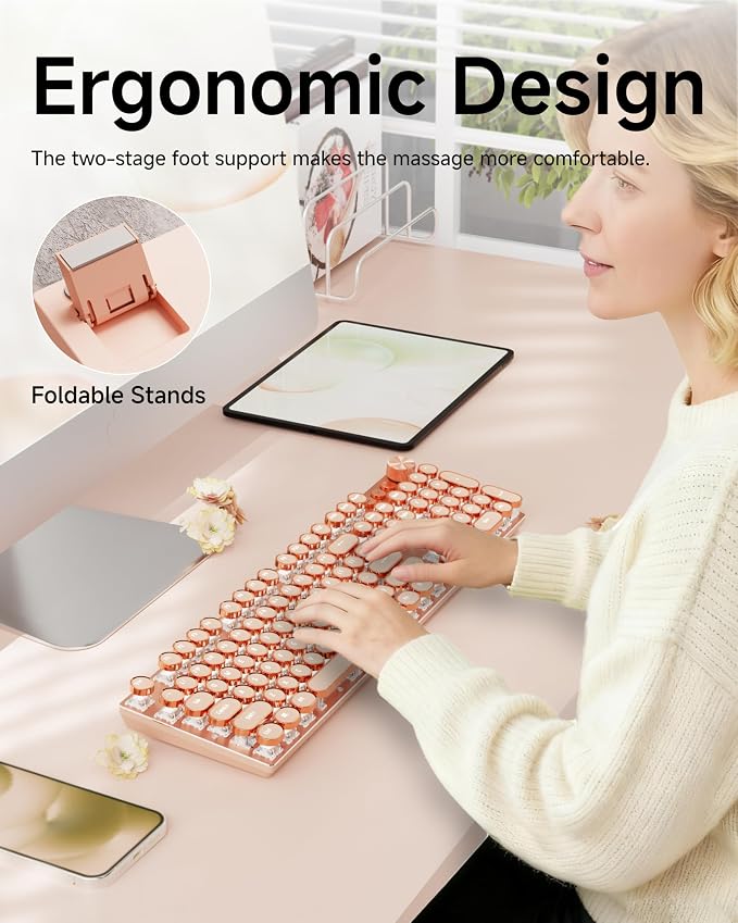 SEUNKWANG EWEADN V20 Typewriter Keyboard Wireless, 104 Keys Mechanical with White Backlit, Media Knob, Pink Switch 2.4G/Bluetooth/USB-A Wired Retro Full Size Keyboard for Windows/Mac/PC-Pink - Image 7