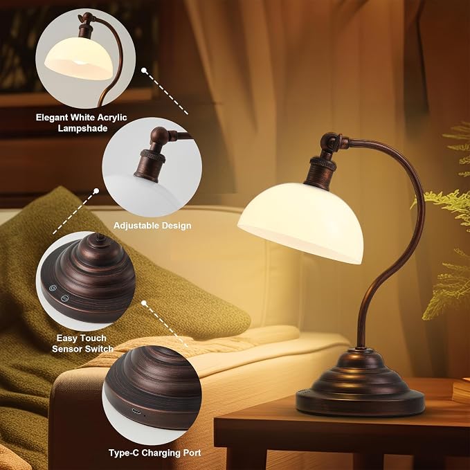 KARTOOSH Cordless LED Table Lamp Set of 2, Battery Operated Desk Lamps with Swing Arm & Plastic Shade, Vintage Small Rechargeable Dimmable Light for Bedroom, Living Room, Nightstand, Oil Rubbed Bronze - Image 7