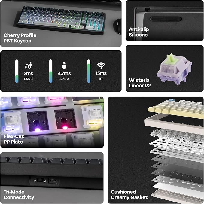EPOMAKER Galaxy100 Lite QMK/VIA Gaming Keyboard with 8000mAh Battery | 1800 Aluminum Mechanical Keyboard with Numpad, USB-C/BT/2.4Ghz, Hot-Swap, Creamy Sound (Black, Wisteria Linear Switch) - Image 3