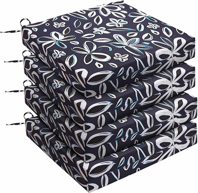 UNIKOME Outdoor Chair Cushions Pack of 4, Water Resistant Patio Cushions with Ties, High Density Sponge Filling Square Corner Seat Cushions for Outdoor Furniture, 19"*19"*3", Navy/White by UNIKOME