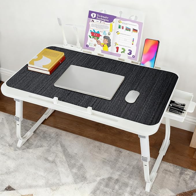 Laptop Desk for Bed, Adjustable Height Laptop Bed Table, Foldable Lap Desk with USB Charge Port, Desktop Card Slot, Side Drawer, Book Shelf, Portable Lap Tray for Eating Reading Working Sofa & Floor - Image 8