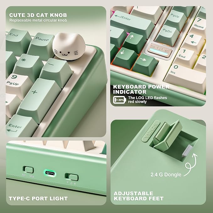 YUNZII B98 PRO 96% Wireless Mechanical Keyboard(Matcha Green, Candy Switch) | QMK/VIA, with Numpad, Dual-Style Knob Design, Creamy Pre-Lubed Switches, Hot Swap, Gasket Mount, RGB for Gaming/Win/Mac - Image 8