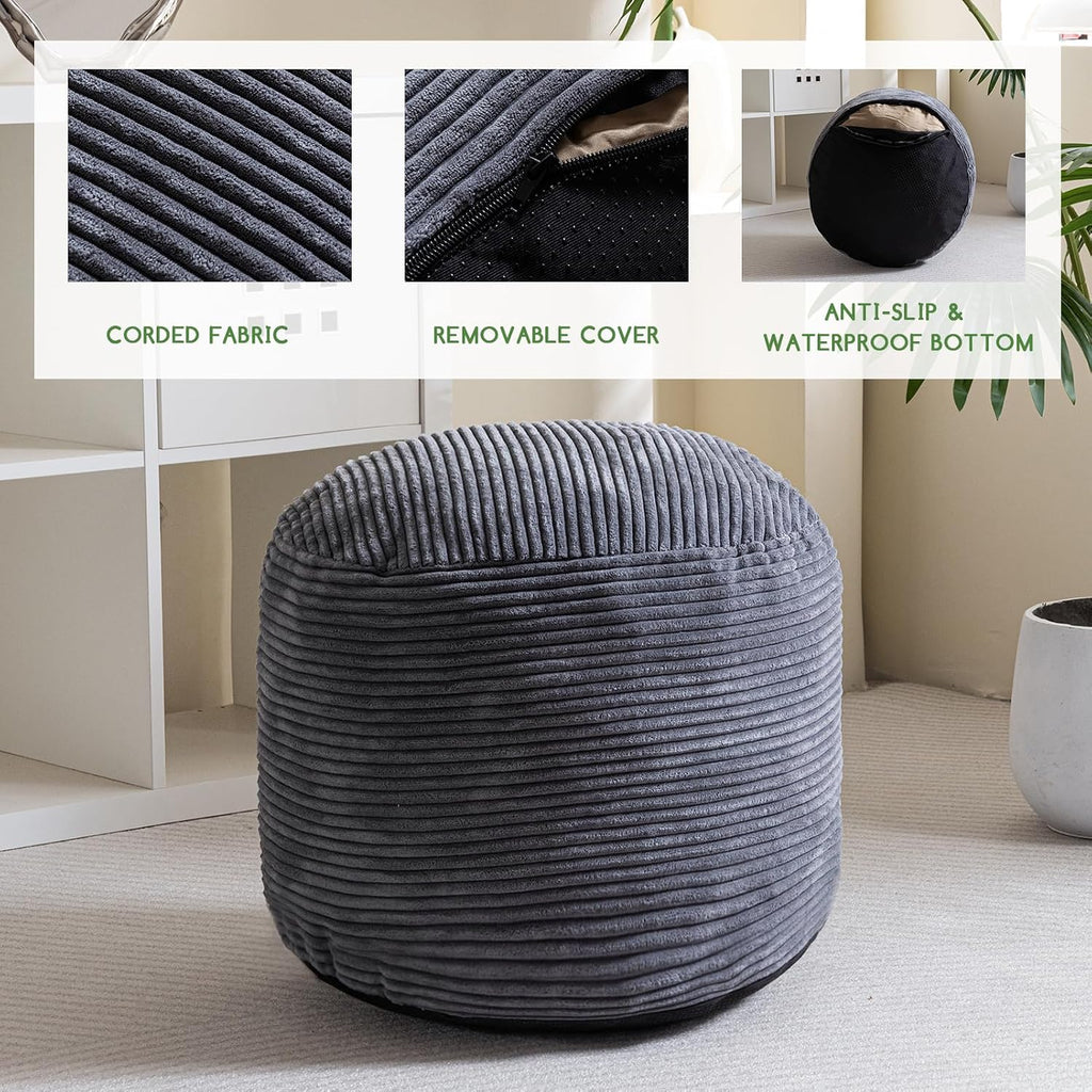 HIGOGOGO Round Stuffed Pouf Ottoman, Corduroy Poufs with Foam Chunk Filling, Furry and Fluffy Pouf Foot Stool Storage Ottoman, 20 X 15 Floor Poufs Foot Rest for Living Room, Dark Grey - Image 3