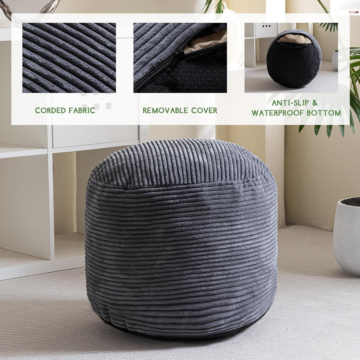 HIGOGOGO Round Stuffed Pouf Ottoman, Corduroy Poufs with Foam Chunk Filling, Furry and Fluffy Pouf Foot Stool Storage Ottoman, 20 X 15 Floor Poufs Foot Rest for Living Room, Dark Grey - Image 3